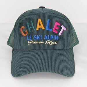 Anthropologie Chalet Le Ski Alpin Green Corduroy Embroidered Trucker Hat NWT OS